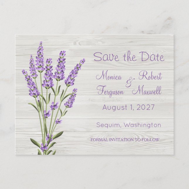 Lila Lavendel-Blume Save the Date auf Holz Postkarte (Vorderseite)