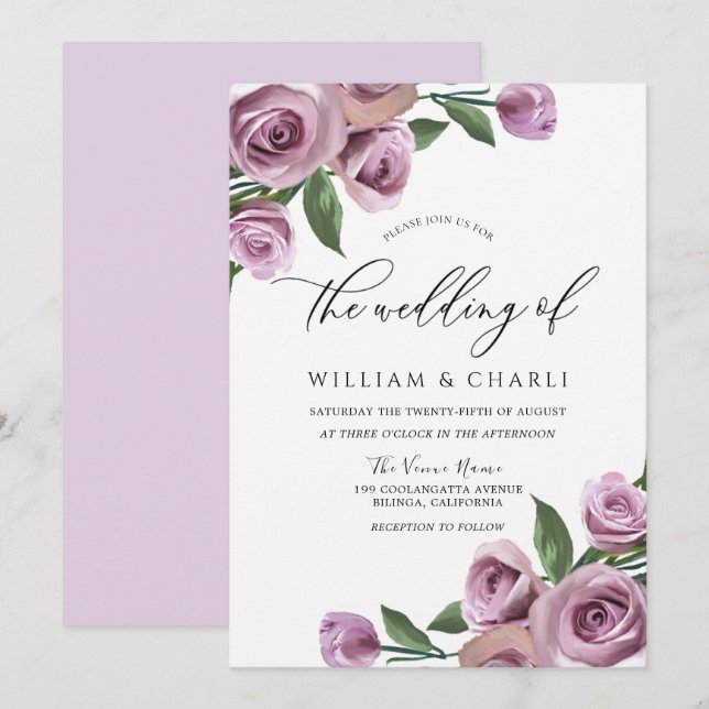 Lila Lavendel Elegante Rose Hochzeit Einladung (Vorne/Hinten)