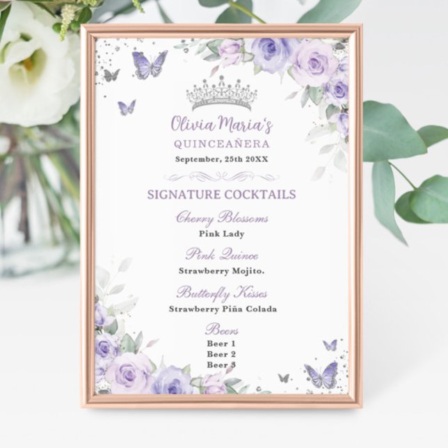 Lila Lavendel Floral Silver Quinceañera Bar Menu Poster (Von Creator hochgeladen)