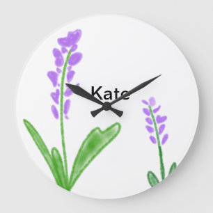 Lila Lavendel florale Aquarellfarbe Name cu Große Wanduhr
