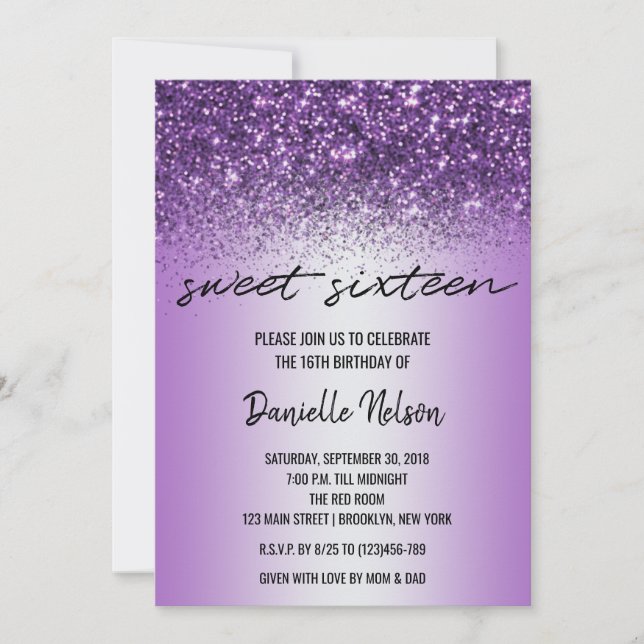Lila Lavendel Glitzer Confetti Sparkle Sweet 16 Einladung (Vorderseite)