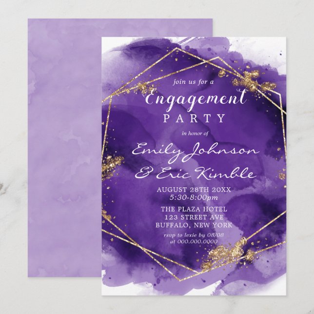Lila Lavendel Gold Paint Engagement Party Invita Einladung (Vorne/Hinten)