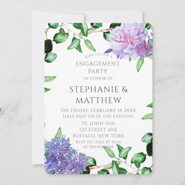 Lila Lavendel-Hydrangeas-Engagement-Partei Einladung (Vorderseite)