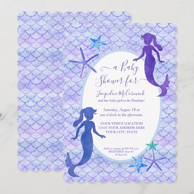 Lila Lavendel Mermaid Scales Baby Girl Dusche Einladung (Vorne/Hinten)