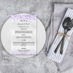 Lila Lavendel mit Hochzeitmenü<br><div class="desc">Eine elegante, glamouröse Hochzeitskarte. Personalisieren und fügen Sie Ihre Namen, Datum und das Hochzeitsmenü. Imitat silber aussehend, mit lila Lavendelkonfetti dekoriert.</div>