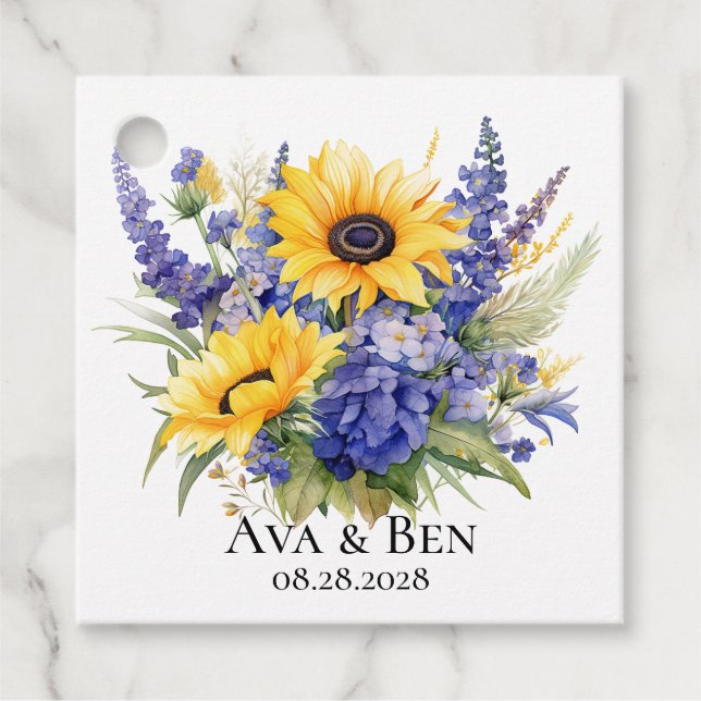 Lila Lavendel mit Sonnenblumen Hochzeit Geschenkanhänger (Vorderseite)