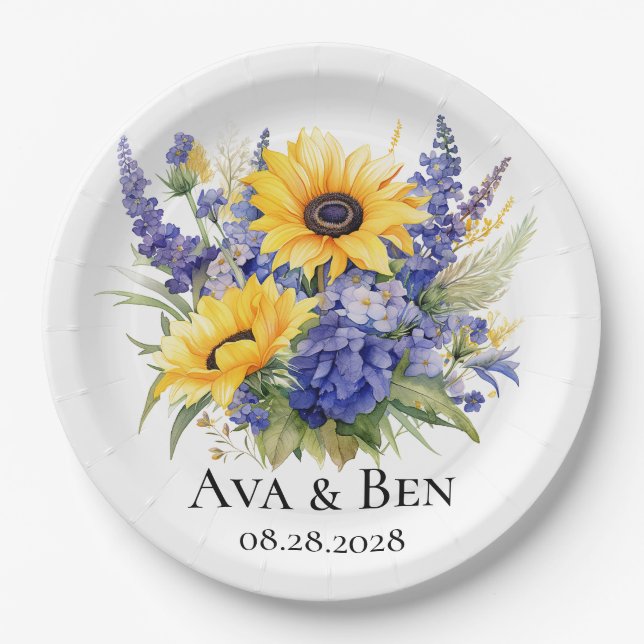 Lila Lavendel mit Sonnenblumen Hochzeit Pappteller (Vorderseite)