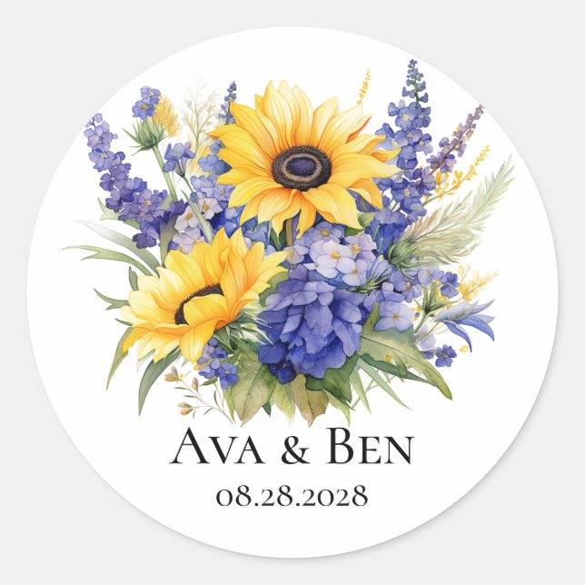 Lila Lavendel mit Sonnenblumen Hochzeit Runder Aufkleber (Vorderseite)