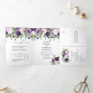 Lila, Lavendel, Pink Floral Boho Hochzeit   Dreifach Gefaltete Einladung