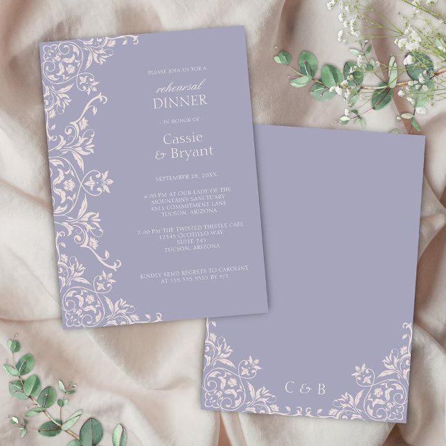 Lila Lavendel Probe Abendessen Einladung (Elegant purple lavender wedding rehearsal dinner invitation with romantic vintage french lilac theme)