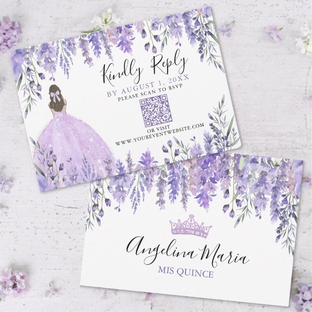Lila Lavendel Quinceanera QR-Code UAWG RSVP Karte (Purple Lavender Floral Quinceanera QR Code RSVP)