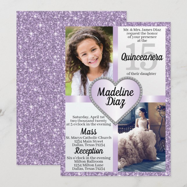 Lila Lavendel Quinceñera Einladung Cumpleños (Vorne/Hinten)