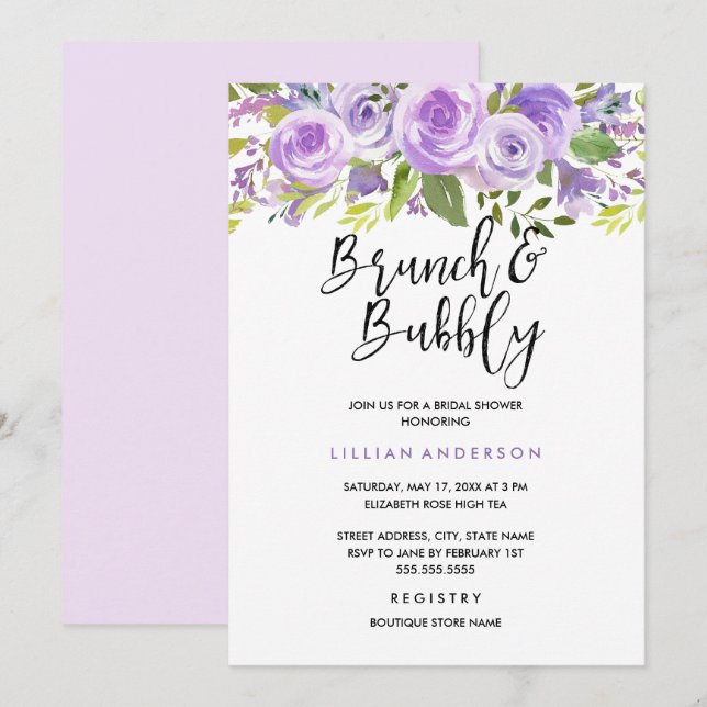 Lila Lavendel Rose Brunch und Bubbly Einladung (Vorne/Hinten)