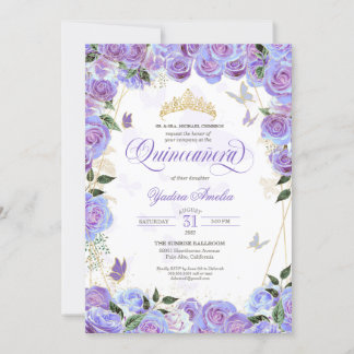 Lila Lavendel Rose Elegante Butterfly Quinceanera Einladung