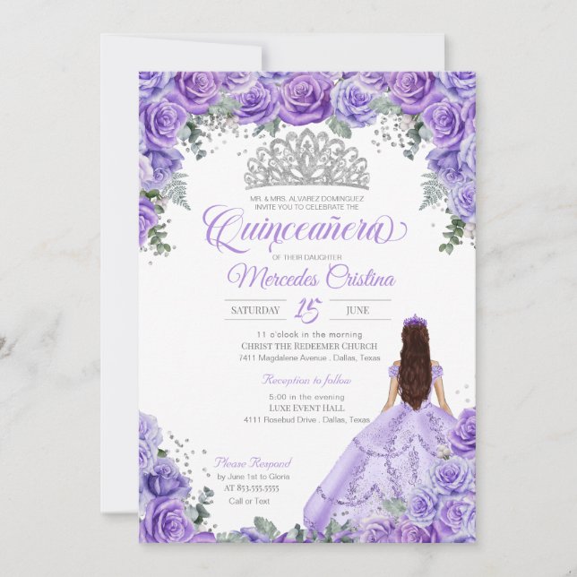 Lila Lavendel Rose & Silver Tiara Quinceanera Einladung (Vorderseite)