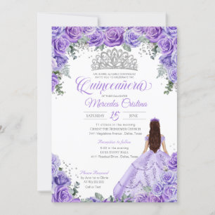 Lila Lavendel Rose & Silver Tiara Quinceanera Einladung
