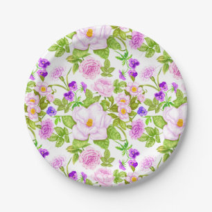 Lila Lavendel-Rosen-Wildblume-Muster Pappteller