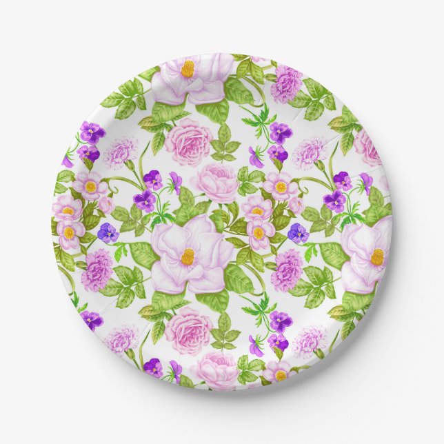 Lila Lavendel-Rosen-Wildblume-Muster Pappteller (Vorderseite)