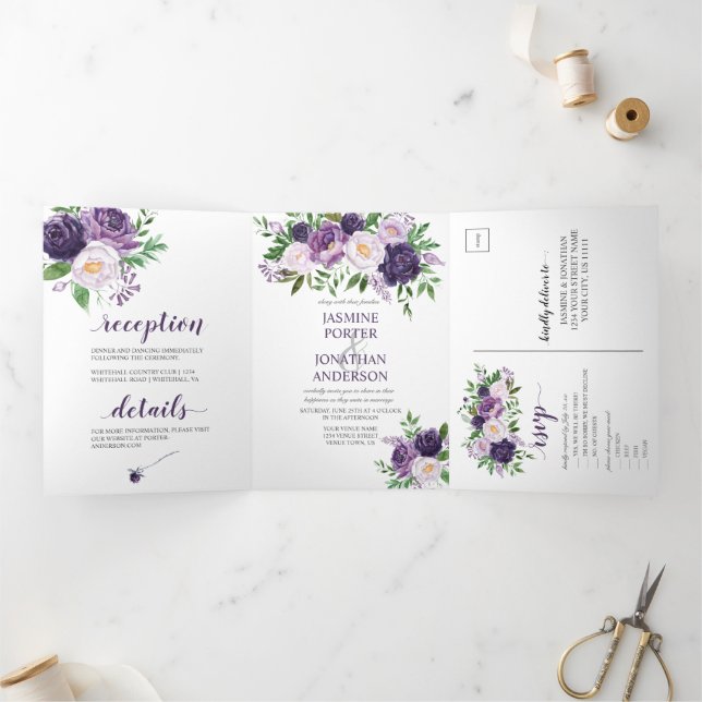 Lila, Lavendel, Rosenhochzeit | Dreifach Gefaltete Einladung (Innenseite)
