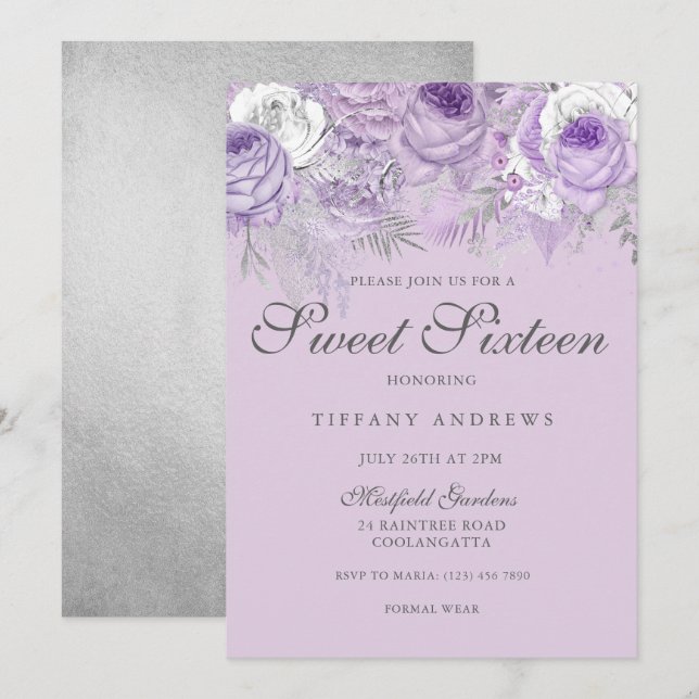 Lila Lavendel Silber Blume Sweet 16 Einladung (Vorne/Hinten)