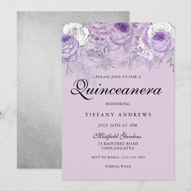 Lila Lavendel Silver Blume Quinceanera Party Einladung (Vorne/Hinten)