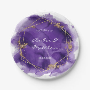 Lila Lavendel- und Goldwasser-Hochzeit Pappteller
