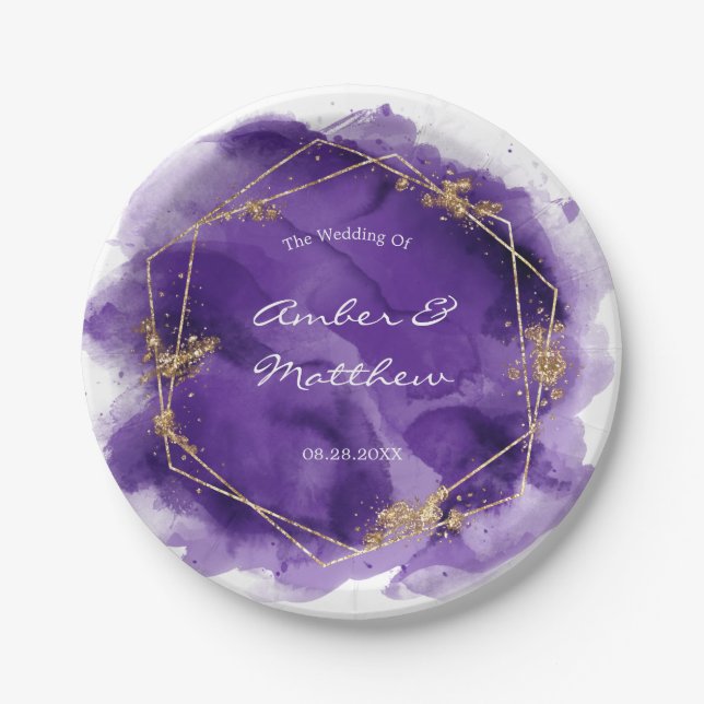 Lila Lavendel- und Goldwasser-Hochzeit Pappteller (Vorderseite)
