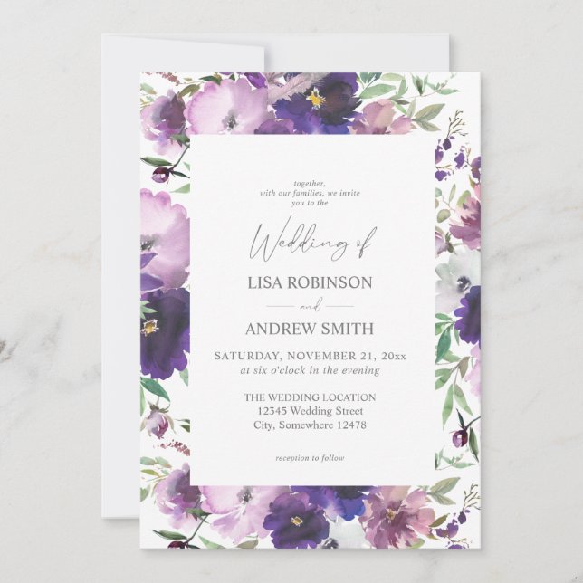 Lila Lavendel- und Violettblumenhochzeit 2 Einladung (Vorderseite)