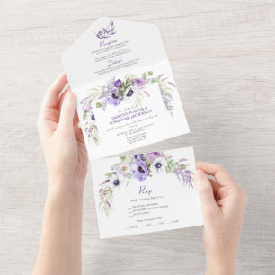 Lila Lavendel und weiße Anemonen Blumen   All In One Einladung