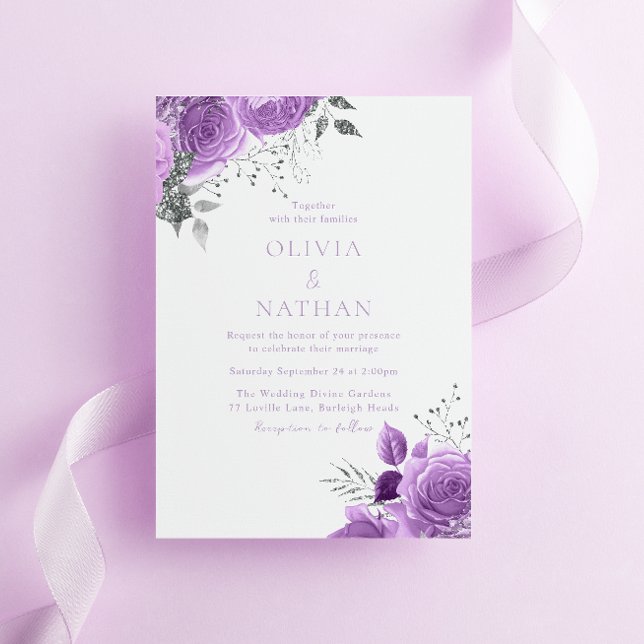Lila Lavendel Vintage Rose Elegante Hochzeit Einladung (Von Creator hochgeladen)