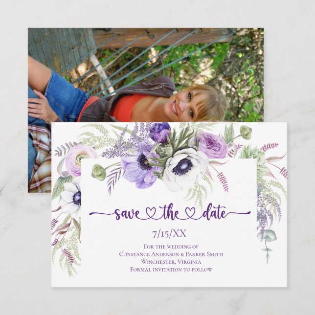 Lila Lavendel Weiße Foto Save the Date (Vorne/Hinten)