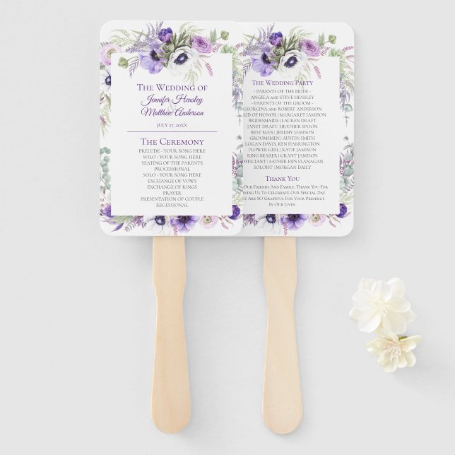 Lila, Lavendel, Weiße Wasserfarbenblütenhochzeit Fächer (Vorne und Hinten)