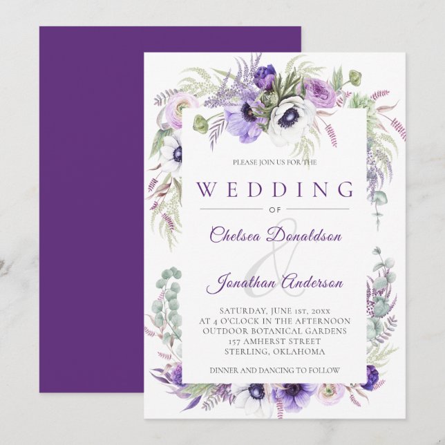 Lila Lavendel White Watercolor Blume Hochzeit Einladung (Vorne/Hinten)