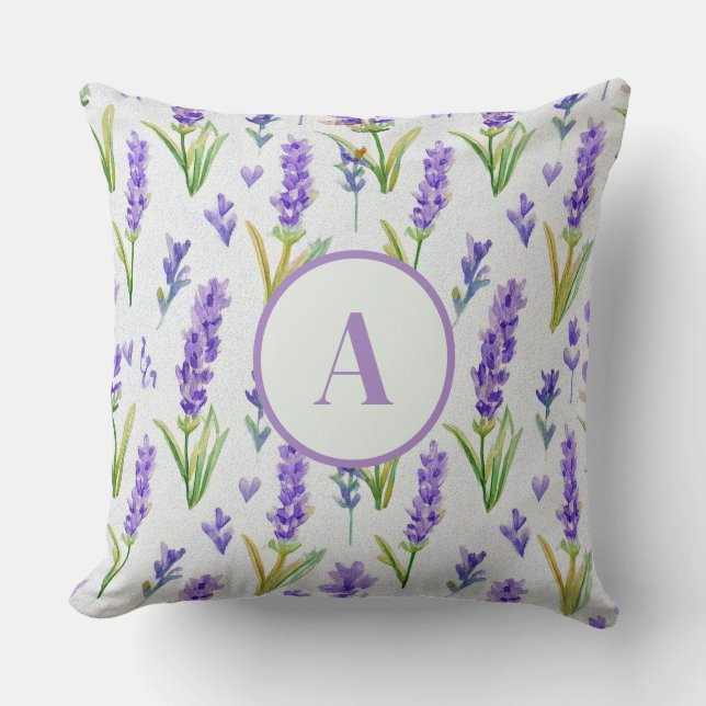 Lila Lavendelmuster Monogramm Kissen (Vorderseite)