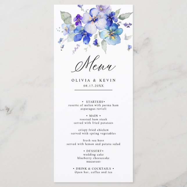 Lila Lavender Blue Navy Dusty Floral Wedding Menükarte (Vorderseite)