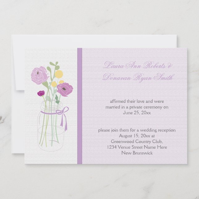 Lila Lavender Blume Mason Jar Empfang nur Einladung (Vorderseite)