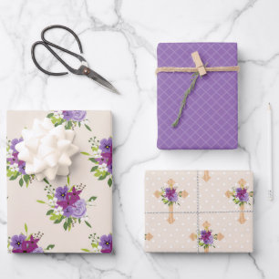 LILA & LAVENDER EASTER CROSSES WASSERFARBE BLUME GESCHENKPAPIER SET