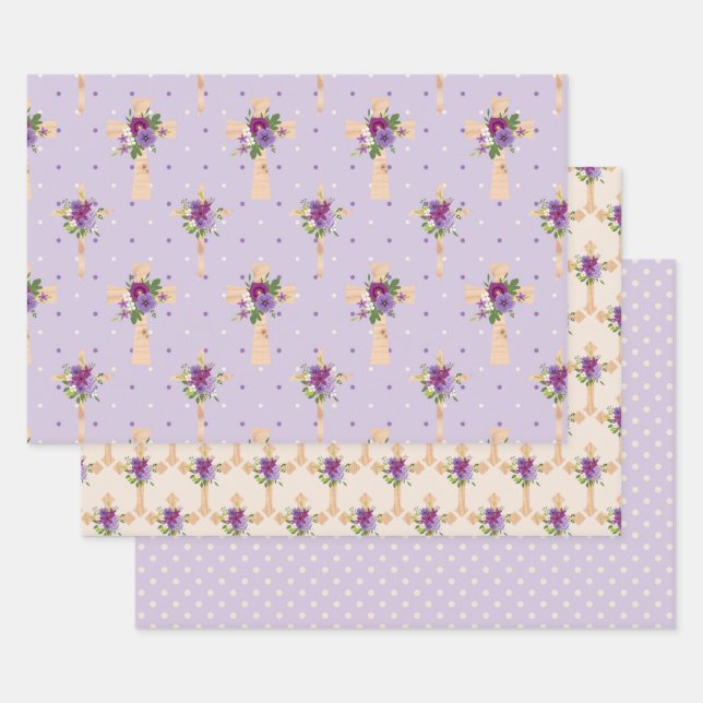 LILA & LAVENDER EASTER CROSSES WASSERFARBE BLUME GESCHENKPAPIER SET (Set)