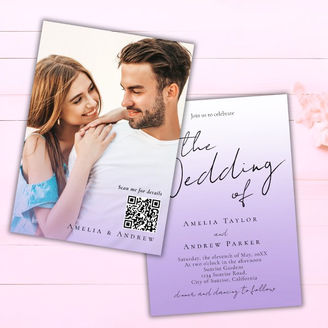 Lila Lavender Elegant Foto QR Code Hochzeit Einladung (Von Creator hochgeladen)