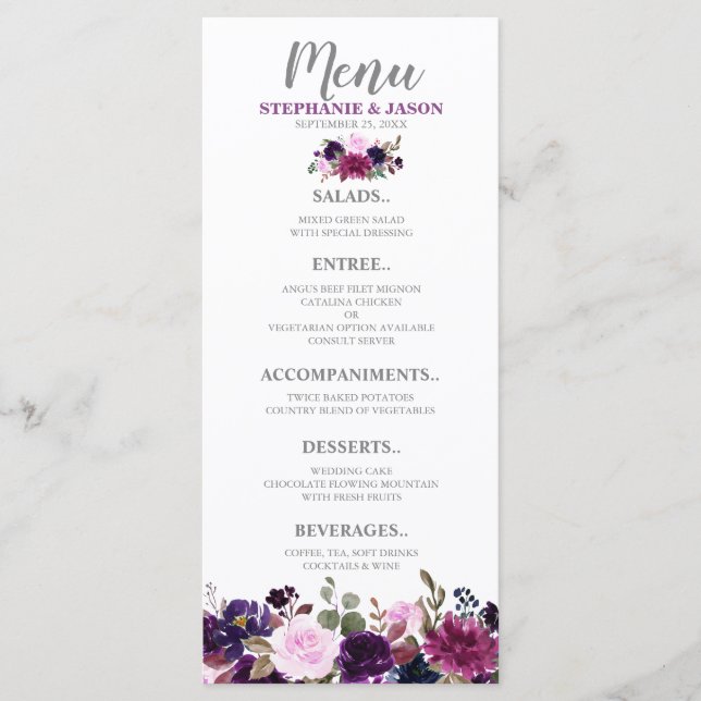 Lila Lavender Floral Boho Hochzeitsmenü Menükarte (Vorderseite)