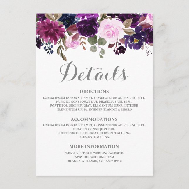 Lila Lavender Floral Boho Wedding Details Karte (Vorderseite)