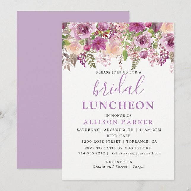 Lila Lavender Floral Bridal Luncheon Einladung (Vorne/Hinten)