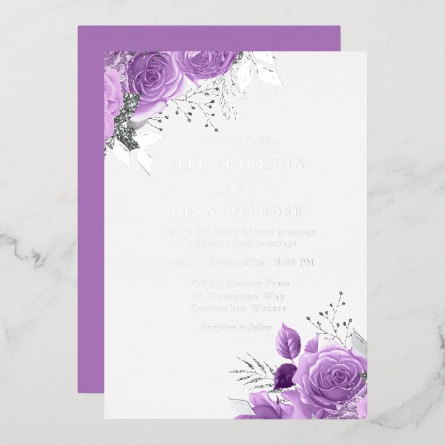 Lila Lavender Floral Wedding Real Silver Folieneinladung (Vorderseite/Rückseite)