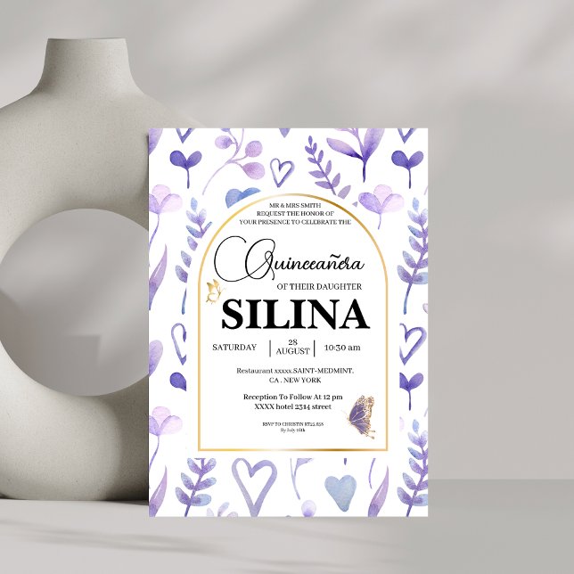 Lila Lavender Gold Arch Quinceñera Butterfly Einladung (Von Creator hochgeladen)