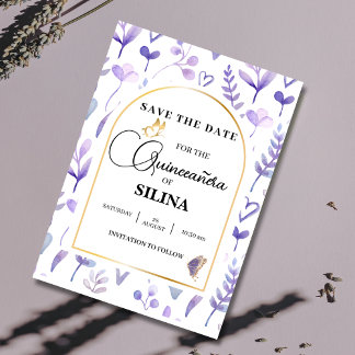 Lila Lavender Gold Arch Quinceñera Butterfly Save The Date