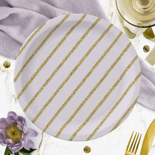 Lila Lavender Gold Glitzer Stripmuster Pappteller