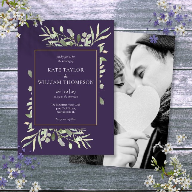 Lila Lavender Greenery Gold Foto Wedding Einladung (Purple Lavender Greenery Gold Photo Wedding Invitation)