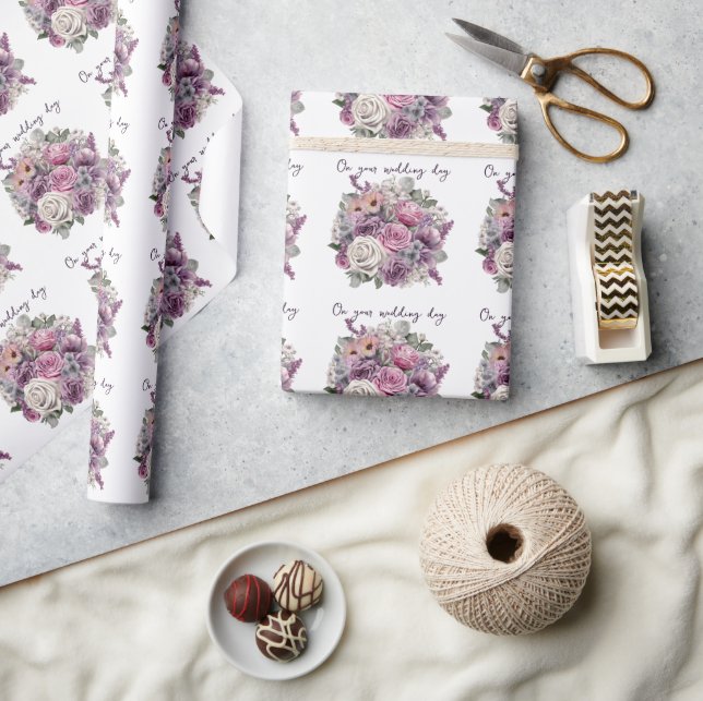 Lila Lavender Pink Roses Wedding Bouquet Geschenkpapier (Kunsthandwerk)
