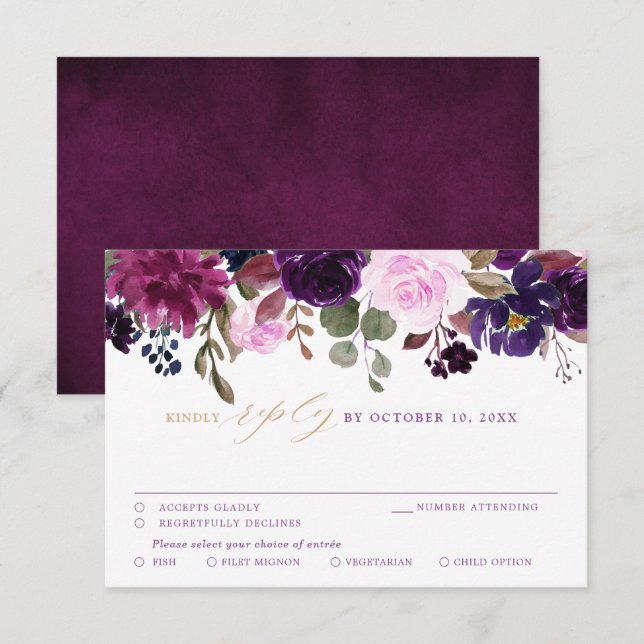 Lila Lavender Plum Floral Boho Wedding RSVP Karte (Vorne/Hinten)