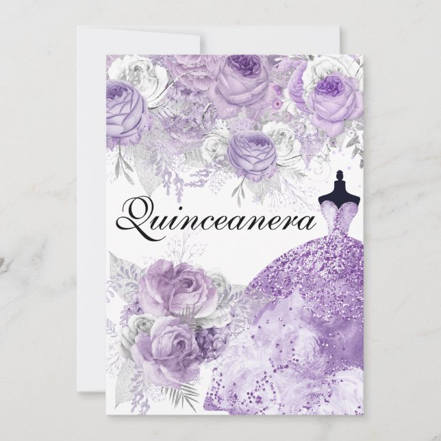 Lila Lavender Rose Dress Quinceanera laden Einladung (Vorderseite)